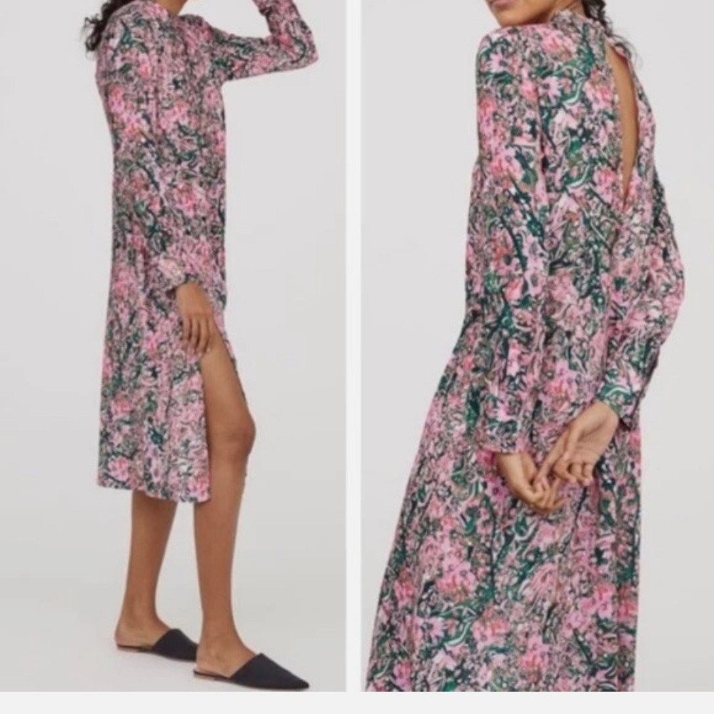 H&M Maxi Spring Pink and Green Floral Long Sleeve Dress Size 4